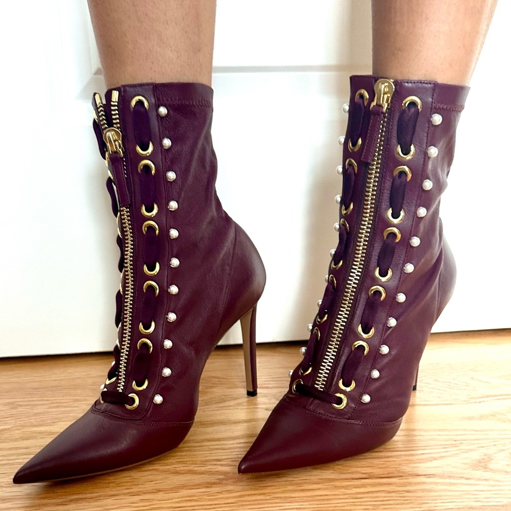 Altuzarra Burgundy Heeled Boots with Beaded Accents